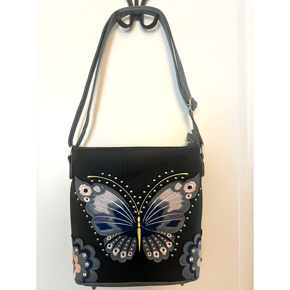 Concealed Carry Leather Blue Black Handbag Purse Embroidered Butterfly & Flowers - Picture 1 of 10